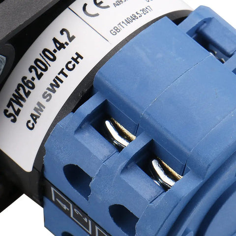 Close-up view of 20A 660V Cam Changeover Switch with 5 Position Rotary Selector, 8 Terminals, SZW26-20/0-4.2, blue and black design