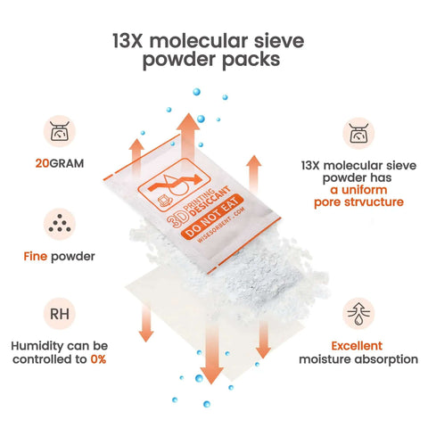 13X molecular sieve powder pack with highlighted features for drying 3D printer filament, 20g weight zeolite desiccant for moisture control.