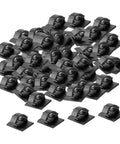 Premium Adhesive Cable Management Clips Super Sticky Backing Clean Pop Off No Damage Wire Cord Organizers For Home Office Desk Tidying Solution Heavy Duty Plastic Holder Gonna Lock In Tight, black clips grouped together.