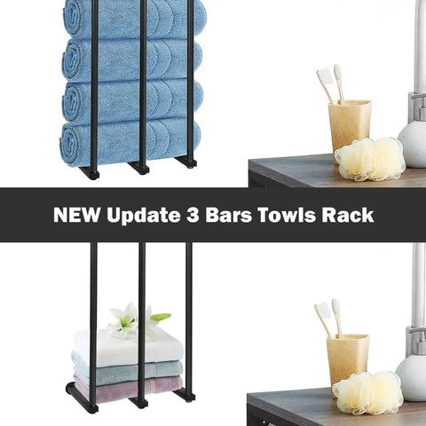 Three-bar towel rack with stacked blue towels and bathroom toiletries on countertop.
