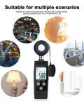 Handheld Lux Meter For Ambient Light Monitoring With MAX MIN Data Hold Digital Photometer, handheld black unit for office, home, stage and lamp use