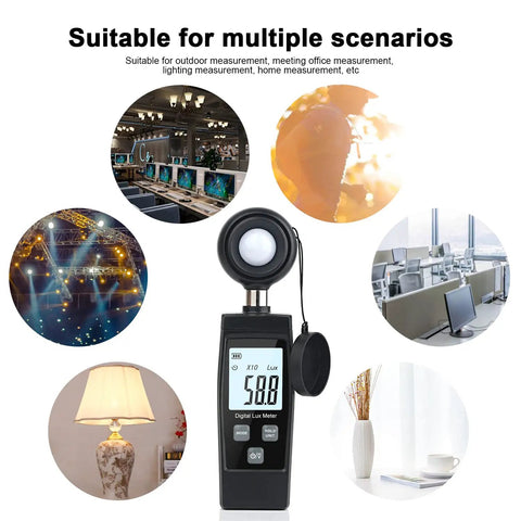 Handheld Lux Meter For Ambient Light Monitoring With MAX MIN Data Hold Digital Photometer, handheld black unit for office, home, stage and lamp use