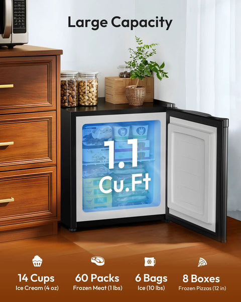 Compact One Point One Cubic Foot Upright Mini Freezer With Reversible Door And Adjustable Feet Hella Efficient Black cold storage displaying 1.1 Cu. Ft capacity.