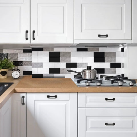 3 Inch Square Cabinet Pulls In Matte Black Arch Design for kitchen cabinets and drawers, installed on white cabinetry in modern kitchen