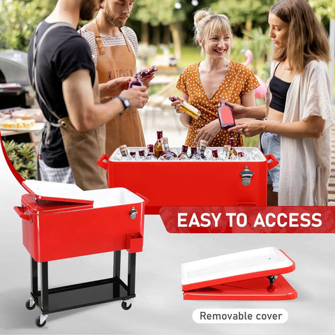 80QT Rolling Cooler On Wheels With Bottle Opener Outdoor Beverage Cooler For Patio And Backyard BBQ Beach Trip Or Party Holds Up To 100 Cans Keeps Drinks Cold 48 Hours And Warm 8 Hours Easy Access Storage Tray shown in red with open lid, party setting in background.