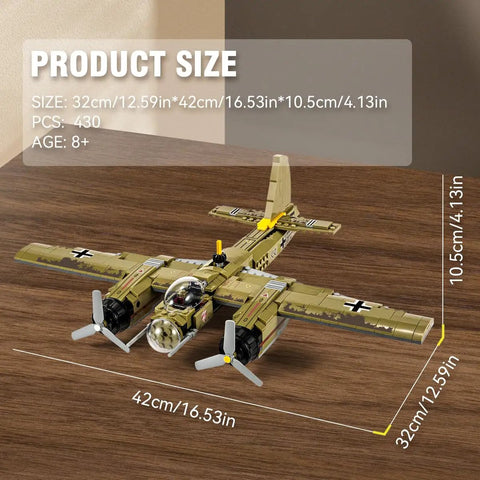 JU88 Junkers Bomber Plane Building Set With 430 Plus Pieces Epic WWII German Fighter Model For History Buffs Great Holiday Gift For Display Fans And Family Build Time shown on table with dimensions.