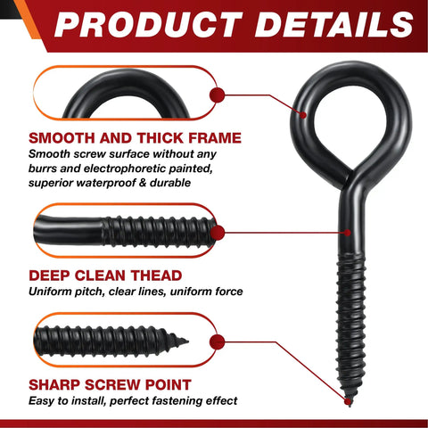 Heavy Duty 6 Inch Screw Eyes Hooks Set PAMAZY With 700 Lbs Load Capacity 4 Pieces Self Tapping Eye Bolts close-up view