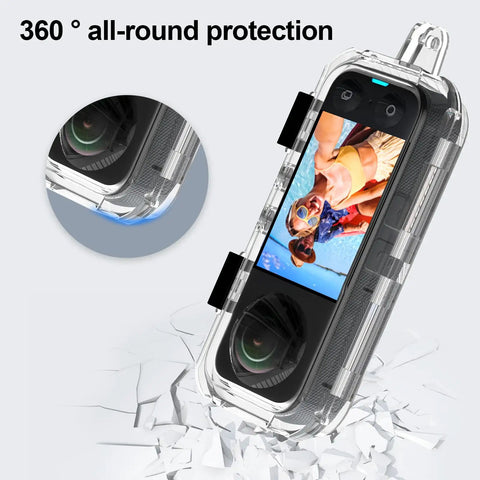 Waterproof Invisible Dive Case For Insta360 X4 Underwater Camera Housing 50m 164ft Clear Shell shown with 360° protection