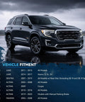 Rear Brake Kit With 11.46 Inch Rotors And Ceramic Pads For Nissan Juke Sentra Altima Maxima 2011 To 2018 Replacement Rotors And Pads Set Easy Drop In Upgrade For Quiet Smooth Braking with fitment chart displayed next to a parked SUV in rainy scenery