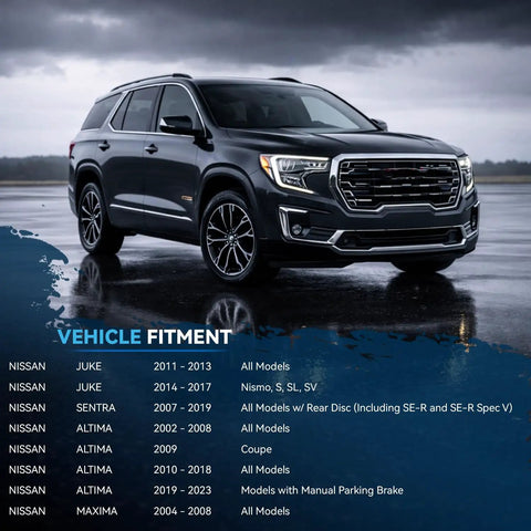 Rear Brake Kit With 11.46 Inch Rotors And Ceramic Pads For Nissan Juke Sentra Altima Maxima 2011 To 2018 Replacement Rotors And Pads Set Easy Drop In Upgrade For Quiet Smooth Braking with fitment chart displayed next to a parked SUV in rainy scenery