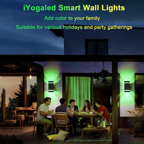 Outdoor Wall Light With RGB Color Changing And Warm White, 1000lm, illuminating a patio with people dining, Mi.Light Remote Included
