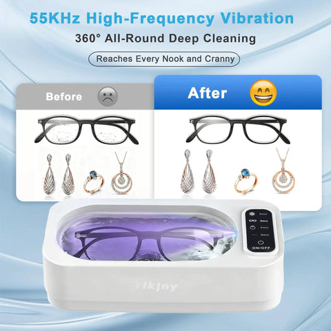 55KHz 400ml Ultrasonic Cleaner With Four Cleaning Modes And LED Light for glasses, rings, showing before and after cleaning results.