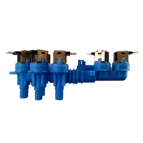 Washing Machine Water Inlet Valve Assembly Fits Whirlpool Kenmore Maytag Models W10853723 Side View Blue Plastic with Metal Connectors