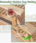 Image of a rotatable hidden cup holder in an Outdoor Fir Wood Glider Chair With Hidden Rotatable Cup Holder And Curved Seat For Porch Patio And Backyard Natural Finish Noiseless Swing For Pure Chill And Cozy Vibe, showing a drink placed in the holder.
