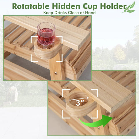 Image of a rotatable hidden cup holder in an Outdoor Fir Wood Glider Chair With Hidden Rotatable Cup Holder And Curved Seat For Porch Patio And Backyard Natural Finish Noiseless Swing For Pure Chill And Cozy Vibe, showing a drink placed in the holder.
