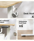 Sleek Tile Adjustable Height Sewing Table, 47 Inch Maple Workbench with smart features like desk hooks and adjustable foot pads.