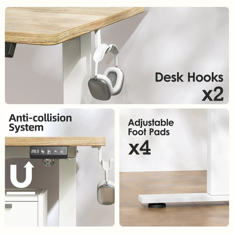 Sleek Tile Adjustable Height Sewing Table, 47 Inch Maple Workbench with smart features like desk hooks and adjustable foot pads.