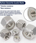 Nylon-insert lock nuts from 345 Piece SAE Hex Nut and Lock Nut Kit in 304 Stainless Steel with 136 Lock Nuts and 209 Hex Nuts.