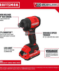 Compact Brushless Cordless Drill And Impact Driver Combo Kit Featuring Dual Amp Batteries And Rapid Charger Pro Grade High Torque Power Tools close-up of Craftsman impact driver highlighting features.