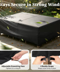 Heavy Duty Outdoor Furniture Cover Tough As Nails 113 Inch By 76 Inch By 28 Inch Waterproof 900D Fits 6 To 10 Chairs Or 6 To 8 Seat Sofa Sets Large Patio Table And Chair Set Black installed with drawstring and buckle straps