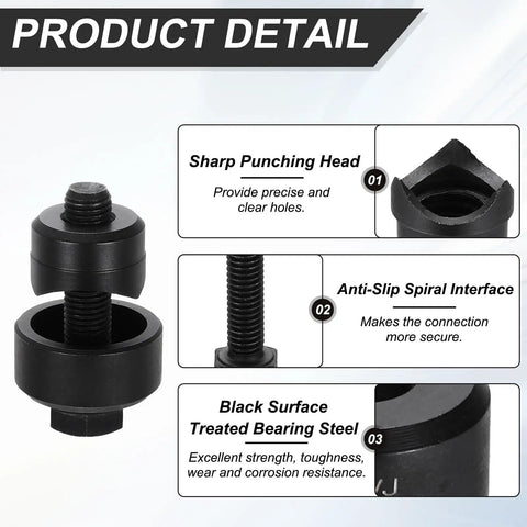 Heavy Duty Bearing Steel Sheet Metal Hole Punch Set With Hex Head Screw For Clean Circle Cuts On Thin Panels Straight Up Badass Precision Every Single Time, sharp punching head and anti-slip spiral interface shown.
