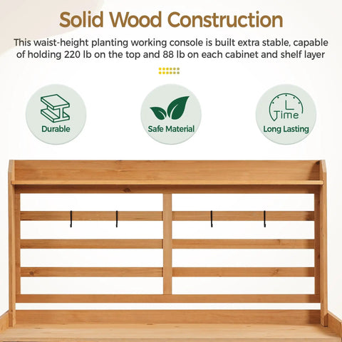 Large Outdoor Potting Bench With Storage Cabinet And Shelf Planting Console For Patio Lawn Garden Pro Grade Fir Wood Workstation Built To Last Durable Finish And Easy Assembly showcasing solid wood construction and stability icons.