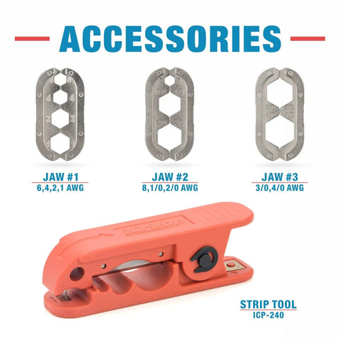 Pro Grade Lug Crimping Tool Kit For Battery Cables, 8 AWG To 4/0 accessories including three die sets and radial strip tool