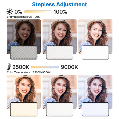 VL200 Bi Color LED Video Light On Camera Fill Light brightness and color temperature adjustment chart with model