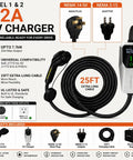 No Sweat Portable Level 1 And Level 2 EV Charger Delivers 32 Amp Boost Via J1772 Connector showing 25ft cord and adapters.