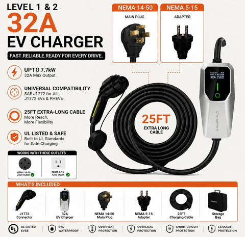 No Sweat Portable Level 1 And Level 2 EV Charger Delivers 32 Amp Boost Via J1772 Connector showing 25ft cord and adapters.