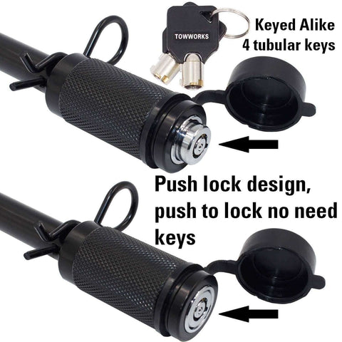 Keyed Alike Five Eighth Inch Trailer Hitch Lock Set For Adjustable Channel Mounts With Double Safety Heavy Duty Tow Hitch Receiver Locking Pins Fits Class Three Through Five Hitches, showing push lock design and set of keys.