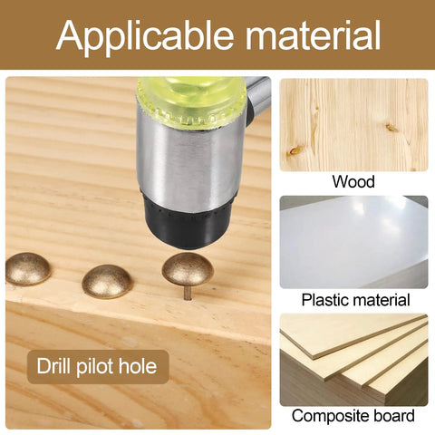 Knockout Vintage Brass Cap Tacks for Upholstery and Wood Furniture being installed on wood, showing drill pilot hole and materials.