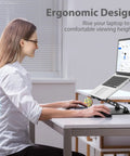 Woman using an Adjustable Laptop Stand for Desk, Foldable Riser Holder With Ventilated Cooling, promoting ergonomic posture.