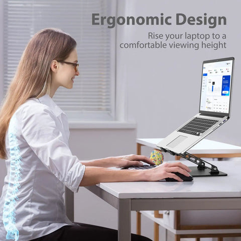 Woman using an Adjustable Laptop Stand for Desk, Foldable Riser Holder With Ventilated Cooling, promoting ergonomic posture.