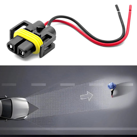4 Pack H11 H9 H8 880 881 Female Wiring Adapters Harness Sockets for headlights and fog lights, shown with wiring and road projection