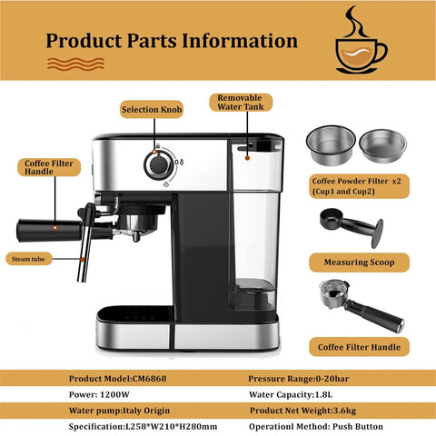 Top Tier Espresso Coffee Maker With Integrated Milk Frother And Steam Wand Craft Smooth Cappuccinos Lattes At Home Instant Preheat Compact Barista Machine That Definitely Slaps For Morning Routines showcasing parts like selection knob, water tank, and steam wand.