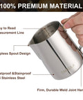 Person holding 12oz stainless steel milk frother pitcher for lattes and cappuccinos with measurement lines and dripless spout.