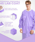 Knee Length Lab Coats 50G SMS, Unisex 10 Pack, Anti Static, Knit Cuffs, Pockets, Purple, Durable Pro Grade Medical Wear for Dental Hospitals Clinics, Reusable and Washable, Autoclavable Up To Five Uses shown worn by model highlighting features.