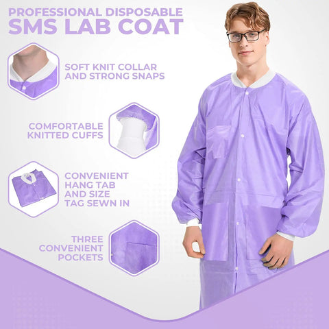 Knee Length Lab Coats 50G SMS, Unisex 10 Pack, Anti Static, Knit Cuffs, Pockets, Purple, Durable Pro Grade Medical Wear for Dental Hospitals Clinics, Reusable and Washable, Autoclavable Up To Five Uses shown worn by model highlighting features.
