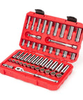 Three Eighths Inch Drive Shallow And Deep Twelve Point Socket And Ratchet Set Pro Grade With Case, Forty Six Piece Set Open