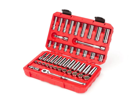 Three Eighths Inch Drive Shallow And Deep Twelve Point Socket And Ratchet Set Pro Grade With Case, Forty Six Piece Set Open