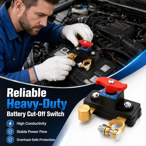 Man installing Pure Copper Battery Disconnect Switch 12V 24V Manual Rotary Cutoff. High conductivity for cars, trucks, marine use.