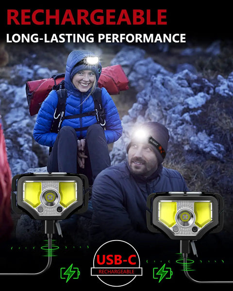 Rechargeable 2 Pack Headlamp with Beast Bright 1200 Lumen LED, motion sensor; hikers using headlamps in rocky terrain