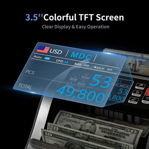 Money Counter Machine For Biz Bosses With Mixed Denomination MDC UV MG IR DD Counterfeit Detection showing 3.5 Inch TFT Display.