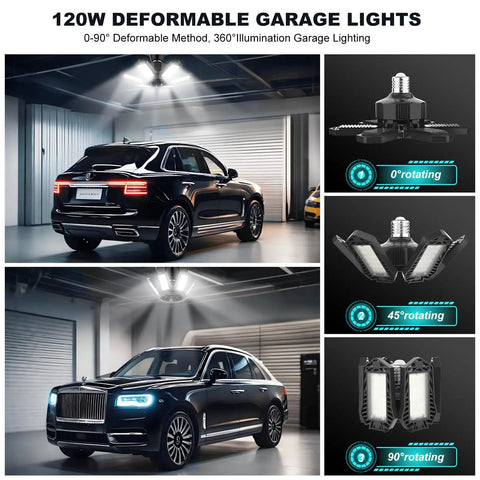 LED garage lights illuminating luxury cars - 8 Pack Ultra Bright 120W LED Garage Light Bulbs, 12000 Lumens, 6500K Daylight.