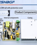 Components of NDR-120-24 Beefy 24V DC DIN Rail Power Supply shown with casing, internal parts, and DIN rail.