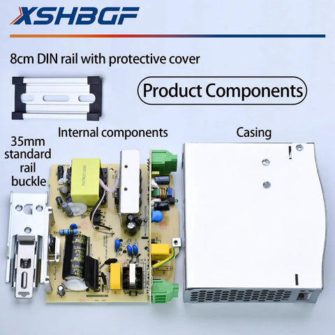 Components of NDR-120-24 Beefy 24V DC DIN Rail Power Supply shown with casing, internal parts, and DIN rail.