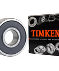 4 Pack 6000-2RS Double Rubber Seal Bearings 10x26x8mm with Chrome Steel Core next to Timken box