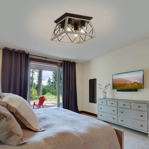 Bedroom scene with Vintage Farmhouse Flush Mount Ceiling Light Fixture, 4 Light Rustic Industrial Square Cage Lamp in Oak White Finish
