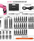 Pink Cordless Mini Screwdriver Kit with 3.7V rechargeable power and 47-piece driver bit set displayed.